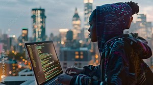 African American woman sitting in front of laptop computer, wearing a hoodie and coding, An African American woman wearing a hoodie coding on a rooftop with a city skyline in the background Stock Video