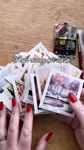 Kristin Van Leuven | Watercolor artist and instructor on Instagram: "Are you in for 2026? Here’s the full collection for our 100 tiny watercolor paintings of 2025. Did you notice a few my dog snacked on? Stinker! 😂 This past year we painted 100 tiny paintings together over on Patreon. We covered challenging subjects, basic techniques, and we persevered together through the process on these tiny 3 x 3“ squares. As we have wrapped up 2025 I have seen so many people share about what this pr