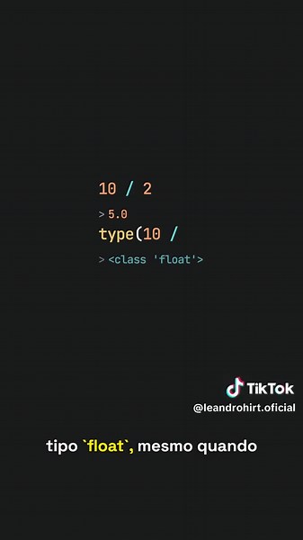 No Python 3, a barra simples faz divisão real e retorna um número do tipo float. Por isso, até 10 dividido por 2 aparece como 5.0, enquanto 10 dividido por 4 vira 2.5. Quer aprender Python de verdade? Conheça o Curso de Python Completo no link da bio. #python #programação #dicaspython #float #divisaonopython