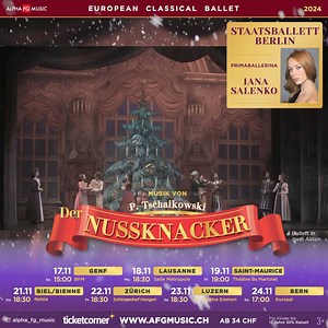 Das Märchenballett „Der Nussknacker“ von P. I. Tschaikowski ist eines der bekanntesten und beliebtesten Festballette bei Erwachsenen und Kindern. Alpha FG Music präsentiert die internationale Spitzentruppe European Classical Ballet erstmals in der Schweiz – eine Konstellation von hochkarätigen Balletttänzern aus England, Italien, Frankreich, Spanien und den Niederlanden, die mit ihrer Kunst bereits die halbe Welt erobert haben. Mit Staatsballett Berlin-Startänzerin Iana Salenko. Wir laden die ga