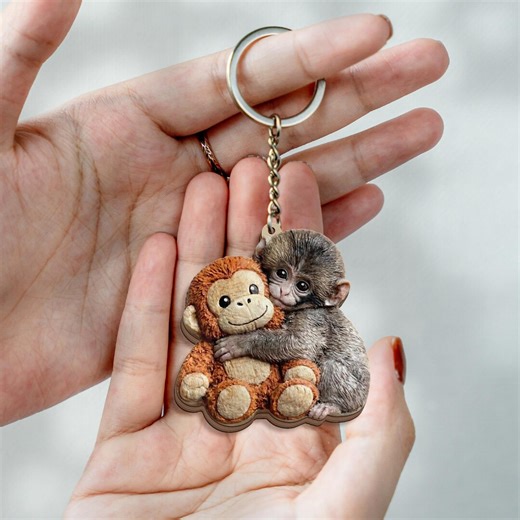 Viral Punch Monkey Wooden Keychain, Cute Baby Monkey With Plush Toy Gift, Emotional Gift for Animal Lovers - Etsy