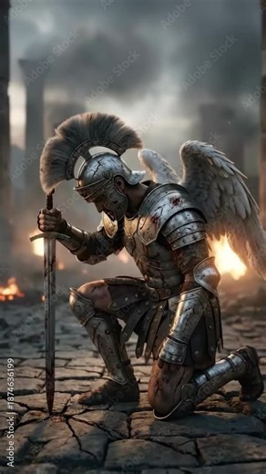 Roman warrior angel kneeling with helmet, sword and battered armor, wings over ruined city dusk