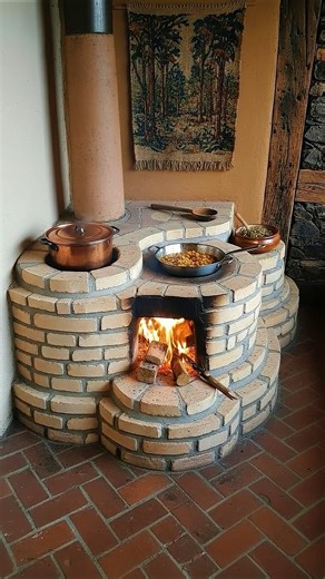 How to build a white brick stove with a stepped circular design for indoors.