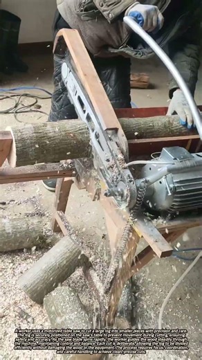 Worker Cutting a Large Log with a Motorized Table Saw Safely and Efficiently