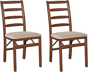 MECO Stakmore Shaker Ladderback Premium Solid Wood Dining Table Folding Chair Set with Fabric Padded Upholstered Seat, Cherry (2 Pack)