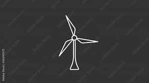 Animated windmill white line icon. Wind power generator. Loop HD video with chroma key, alpha channel on transparent background, black solid background. Outline motion graphic animation