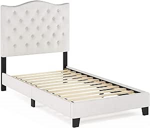 Furinno Lille Button Tufted Bed Frame, Twin, Beige