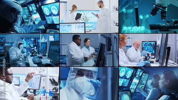 The concept of science, research and laboratory work. Diverse people work in modern science labs. Doctors, professors and lab assistants conduct medical, nanotechnological and microelectronic research
