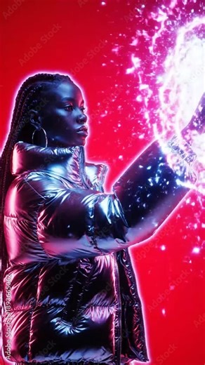 Futuristic Woman in Metallic Puffer Jacket Holding a Glowing Energy Orb.