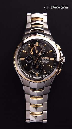 Helios Watch Store - By Titan on Instagram: "The Seiko Coutura Perpetual Solar Watch is a perfect choice for those who appreciate style and performance! With its bold 44mm black dial and gold-tone stainless steel bracelet, this watch adds a touch of sophistication to any outfit. Designed for durability, it features sapphire crystal glass, offering superior scratch resistance. With 100m water resistance, it’s built for everyday adventures, from formal events to outdoor activities. Powered by Seik
