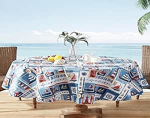 Newbridge Blue Nautical Sailboats and Lighthouses 60 x 84 Inch Oval Vinyl Flannel Backed Tablecloth, Patchwork Indoor Outdoor Holiday Dining Vinyl Flannel Backed Table Cover