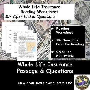 Whole Life Insurance in Personal Finance Reading Worksheet w/Answer Key EDITABLE