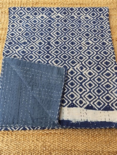 Indian Handmade Indigo Blue Kantha Bedcover Handblocked Print Quilt Indian Bedspreads - Etsy