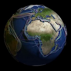 Map of submarine internet connection cables across the entire planet Earth.