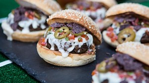 Make Bobby Flay's cheesy nacho burger to watch Sunday night football