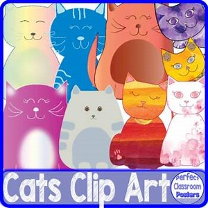 Cute Colorful Watercolor Cats Clip Art for Commercial and Personal Use