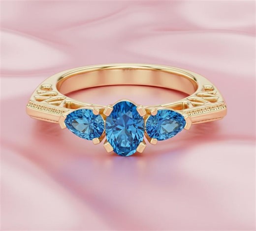 Blue Topaz Three Stone Ring, 14K Yellow Gold Finish, Art Deco Filigree - Etsy