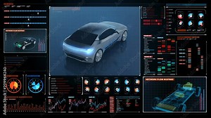 Rotating Electronic, hybrid, lithium ion battery echo car in Digital futuristic display interface. eco-friendly future car. 4k movie.1. Stock Video