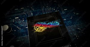 Cyber security key futuristic hologram 3D rendering animation. Abstract concept of data encryption, computer protection and internet safety digital background. Flight over cpu inside cyberspace.