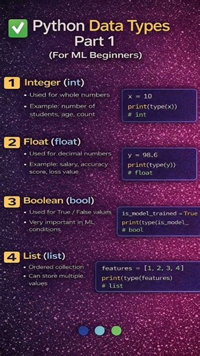 #Machine Learning for Beginners part 7 # Python Datatypes part 1 int,float,bool,list