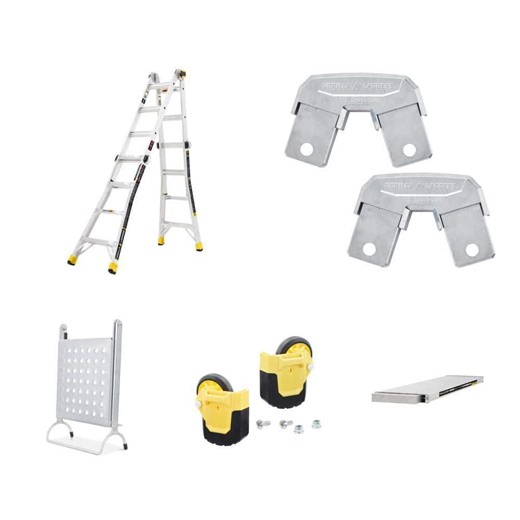 Gorilla Ladders 18 ft. Reach Ladder, Rail Brackets, Step Platform, Wheel Kit and 6 ft. to 14 ft. Scaffolding Plank Combo - The Home Depot