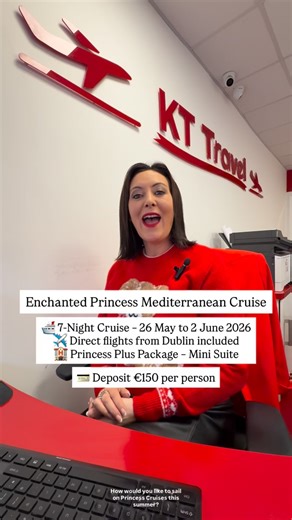 🛳 7-Night Cruise – 26 May to 2 June 2026 ✈️ Direct flights from Dublin included 🏨 Princess Plus Package – Mini Suite ✔️ Luxurious accommodations with extra comfort ✔️ All transfers included 🌊 Itinerary Highlights: Civitavecchia (Rome), Italy – Departure 6:00 PM Amalfi Coast (Salerno), Italy – 27 May, 7:00 AM – 6:30 PM At Sea – 28 May Santorini, Greece – 29 May, 9:00 AM – 8:00 PM (Water shuttle, limited wheelchair access) Kusadasi, Turkey (Ephesus) – 30 May, 7:00 AM – 4:00 PM Katakolon, Greece