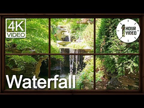 4K Window view with Waterfall. Real Nature Sounds for Deep Sleep, Study, Relaxation. High resolution
