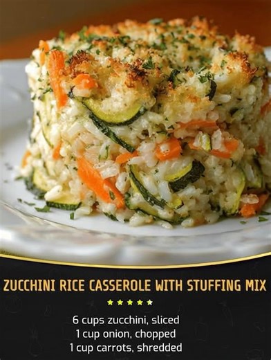 Zucchini Rice Casserole with Stuffing Mix 🧀🥒 Ingredients: • 6 cups zucchini, sliced • 1 cup onion, chopped • 1 cup carrots, shredded • 1 cup cooked white rice (long grain or jasmine) • 1 cup sour cream • 1 (10.5 oz) can cream of chicken soup • 1 (6 oz) box Stove Top stuffing mix, chicken flavor • 1/2 cup butter, softened • Salt and pepper, to taste (optional) Recipe in First Coʍmеոτ 👇 Enjoy ❤️👇👇👇 | Jesus Never Fails