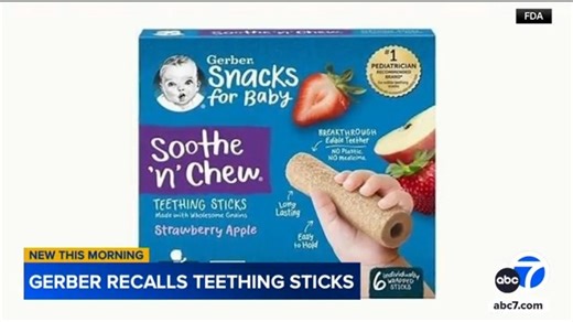 1K views | Gerber announced Friday that it was recalling and discontinuing its brand of "Sooth N Chew" teething sticks after receiving customer complaints about choking. See details here: abc7.la/4hxPVpq | ABC7 Morning Show | Facebook