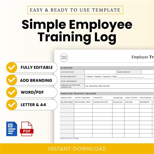 Simple Employee Training Log Template – Word & PDF, A4   US Letter - Etsy