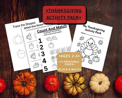 Thanksgiving Printable Worksheets (ages 2-4) • Coloring • Tracing, Counting, Matching • Instant Download • Black & White - Etsy