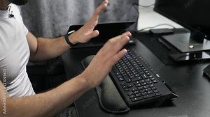 Black keyboard on desktop. Working with a PC and how to use the keyboard correctly. Workplace frames