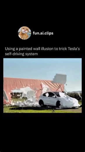 Fun Clips Media on Instagram: "Mark Rober pulled a move straight out of Looney Tunes—literally! He painted a hyper-realistic fake tunnel on a wall to see if Tesla’s self-driving system would fall for the illusion. And it did. Just like Wile E. Coyote chasing the Road Runner, the car’s sensors were briefly fooled into thinking there was an actual road ahead. It’s a brilliant (and hilarious) way to highlight how autonomous tech can still be tripped up by clever visual tricks. (Via: @markrober) #hi
