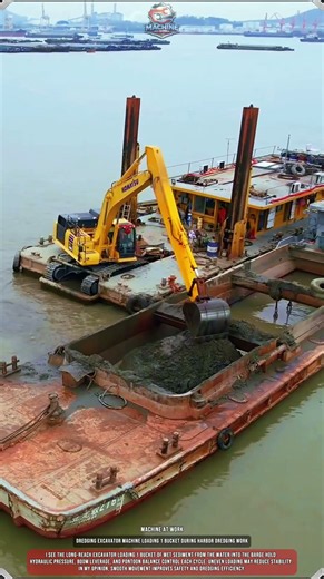 Dredging Excavator Machine Loading 1 Bucket During Harbor Dredging Work