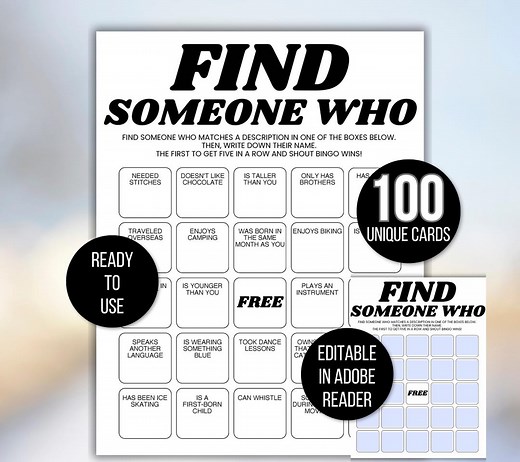 Find Someone Who Bingo, Find Someone Who Bingo Template, Get to Know You Bingo, Find the Guest Bingo, Icebreaker Game, Icebreaker Bingo Game - Etsy UK