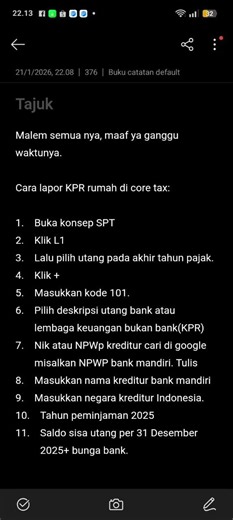 Maaf ganggu waktunya, ini cara lapor KPR rumah di core tax. Baca deskripsi.