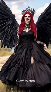 34K views · 1.8K reactions | Wrapped in mystery and fire, this gothic red and black dark angel dress commands the night with its bold beauty. Flowing layers of crimson and black fabric swirl with every step, while large black wings with shimmering black feathers spread wide behind her. She is both fierce and ethereal, a vision born from midnight dreams and hidden passions. Power, elegance, and darkness—woven into one unforgettable look. ️ | Gothic Darling | Facebook