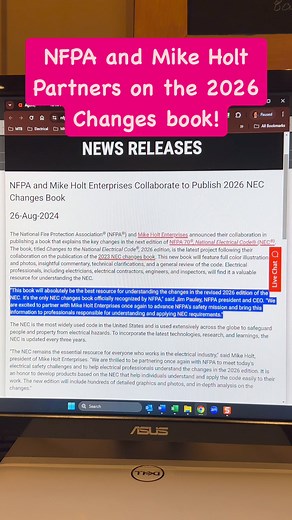 NFPA and Mike Holt Enterprises Continue the Partnership for 2026! Jim Pauley, NFPA® president and CEO says "This book will absolutely be the best resource for understanding the changes in the revised 2026 edition of the NEC®. It's the only NEC® changes book officially recognized by NFPA®. We are excited to partner with Mike Holt Enterprises once again to advance NFPA®’s safety mission and bring this information to professionals responsible for understanding and applying NEC® requirements." https