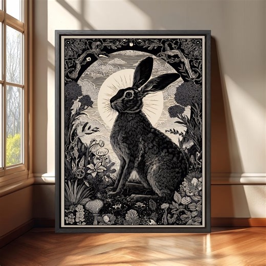 Folk Art Rabbit Print, Black & Cream Woodland Animal Wall Art, Naive Folk Art - Etsy