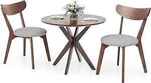 3-Piece Dining Table Set for 2, 36" Kitchen Round Table with 2 Chairs, Rubber Wood Legs, Brown