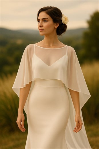 Chiffon Wedding Cape, Bridal Cover up for Bride, Lightweight Shoulder Wrap for Outdoor Ceremony