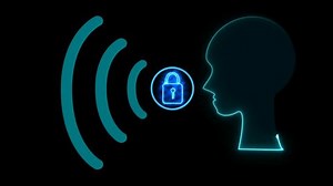 a stylized human head outline in blue, with sound waves and a lock icon nearby. voice recognition or security.