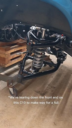 Part 1 of the QA1 front suspension install on this C10 👇 Swapping out the stock setup for a tubular crossmember, rack & pinion, tubular control arms, and coilovers. Next up — some sheet metal work on the inner fenders to clear the coilover brackets. #C10 #QA1 #FabricationLife #LFGFabrication #FrontEndSwap #ShopBuilt #ClassicTruck | Alik Bohl