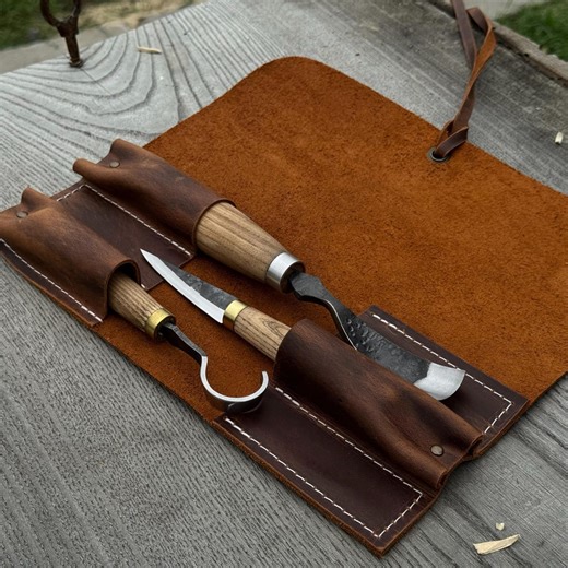 Hand-forged Spoon Carving Tools With Leather Roll. Bent Gouge, Sloyd Knife and Hook Knife for Wood Carving. - Etsy
