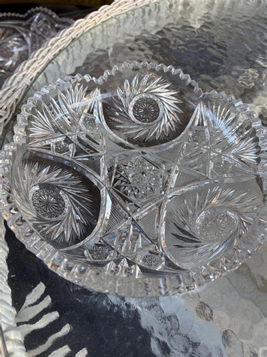 Antique American Brilliant Heavy Cut Lead Crystal Glass Shallow Bowl, Deep Dish With Cut Hobstar, Cross Hatch and Pinwheel Design - Etsy