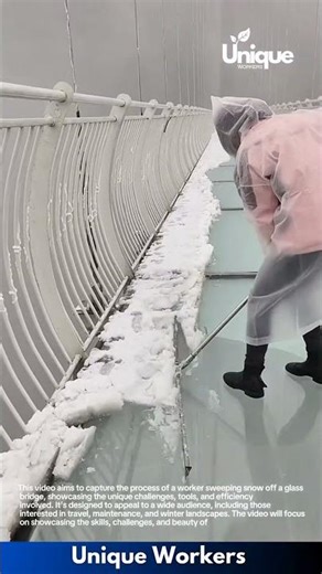 Extreme Snow Cleaning: Man Removes Thick Ice from Glass Bridge Walkway