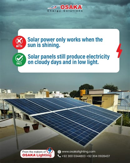 1.3K views · 11 reactions | Did you know? Solar panels don’t stop working on cloudy days – they still generate electricity even in low light! ✅ Choose Osaka Energy Solutions for reliable and sustainable power every day. ⚡ #SolarEnergy #OsakaEnergy #SolarFacts #SustainableFuture #SolarPower | Osaka Energy Solutions | Facebook