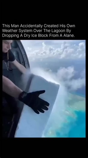 Knowledge Matrix | Science Facts on Instagram: "You are looking at a moment where a simple experiment turned into a mini weather system. When a block of dry ice was dropped from a plane over a warm lagoon, the extreme temperature difference did something unexpected. Dry ice sits at nearly minus 78°C, and as it fell into the humid air above the water, it rapidly cooled the surrounding atmosphere. Moisture in the air condensed instantly, forming thick rolling fog and cloud-like plumes that spread