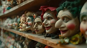 Collection of Vintage Puppet and Clown Masks with Ai generated.