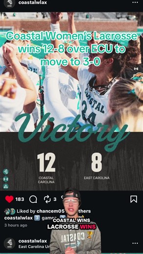 Coastal Women’s Lacrosse wins 12-8 over ECU to move to 3-0. Coastal was up 7-4 at half and had 24 SOG. Coastals Charlotte Sadler mad 13 saves in the win. Alexandra Horn recorded 6 points with 2 goals and 4 assists. Both Megan Hummel and Evelyn Kitchin had 3 pts with 2 goals and an assist. Sophie Kingsborough and Nikki Seven both with 2 pts. Alyson Mascolo, Gabrielle Beaudet and Carleigh Patterson all with 1 pts. Coastal will travel to Charlotte to take on Charlotte Wednesday February 18th at 4pm